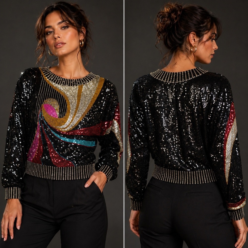 Vintage 80s Sequin Beaded Abstract Swirl Top Black Gold Silver Pink L